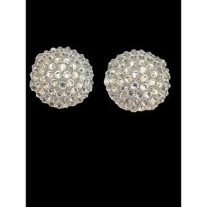 Vintage Clear Rhinestone Dome Clip Earrings Silver Tone Statement Jewelry